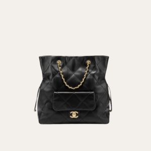 Chanel Drawstring Bucket Bag With Front Pocket Black 13 Inches