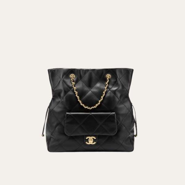 Chanel Drawstring Bucket Bag With Front Pocket Black 13 Inches