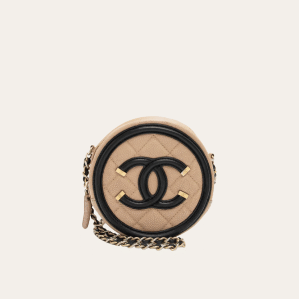 Chanel Round Coin Purse/Flap Bag Beige/Black 5.5 Inches