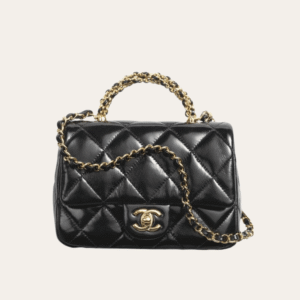 Chanel Mini Top Handle Flap Bag Shiny Black 7.9 Inches
