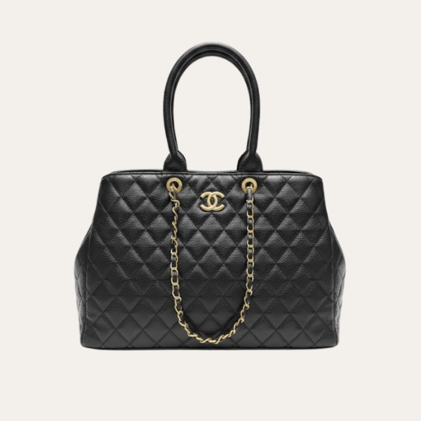 Chanel Quilted Tote Bag Black Gold Chain 15.4 Inches