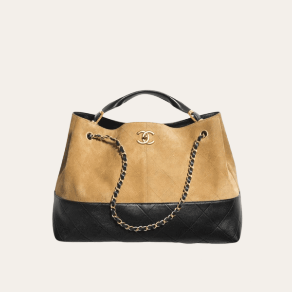 Chanel Shopping Bag Shiny And Gold Tone Metal Beige Black 14.2 Inches AS5657 B20827 U1536
