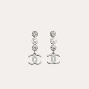 Chanel Cc Logo Drop Earrings With Pearls And Rhinestones Silver-Tone