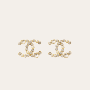 Chanel Cc Logo Stud Earrings With Rhinestones And Pearls Gold-Tone