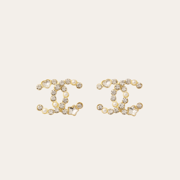 Chanel Cc Logo Stud Earrings With Rhinestones And Pearls Gold-Tone