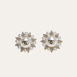 Chanel Cc Logo Sunburst Stud Earrings With Pearls And Rhinestones Gold-Tone