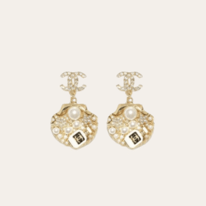 Chanel Cc Logo Seashell Drop Earrings With Pearls And Rhinestones Gold-Tone