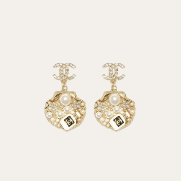 AURCN-EAR1004.png Chanel Cc Logo Seashell Drop Earrings With Pearls And Rhinestones Gold-Tone