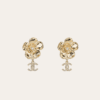 Chanel Camellia Flower Drop Earrings With Cc Logo Gold-Tone