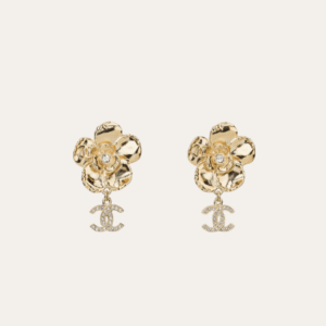 Chanel Camellia Flower Drop Earrings With Cc Logo Gold-Tone