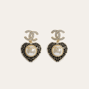 Chanel Cc Logo Heart Drop Earrings With Pearls And Rhinestones Black/White/Gold