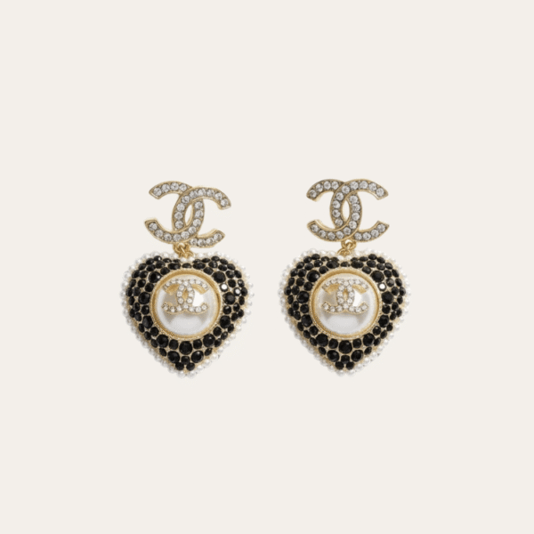 Chanel Cc Logo Heart Drop Earrings With Pearls And Rhinestones Black/White/Gold