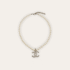 Chanel Pearl Choker Necklace With Rhinestone Cc Pendant Silver-Tone