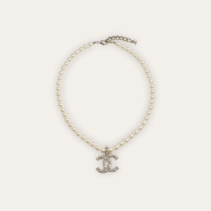 Chanel Pearl Choker Necklace With Rhinestone Cc Pendant Silver-Tone