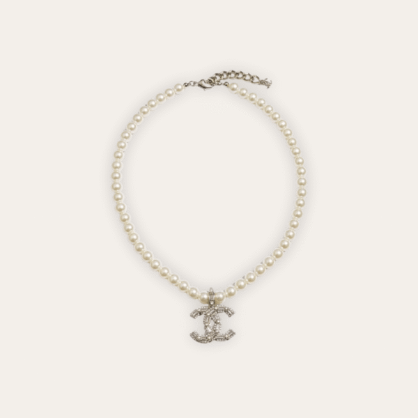 Chanel Pearl Choker Necklace With Rhinestone Cc Pendant Silver-Tone