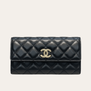 Chanel Quilted Long Flap Wallet Black 7.7 Inches