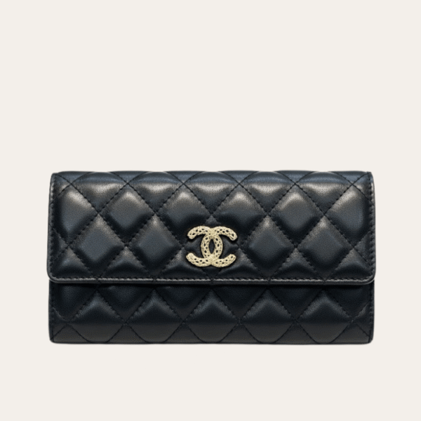 Chanel Quilted Long Flap Wallet Black 7.7 Inches
