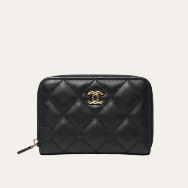 Chanel Zipped Coin Purse Black Gold Hardware 3.5 Inches
