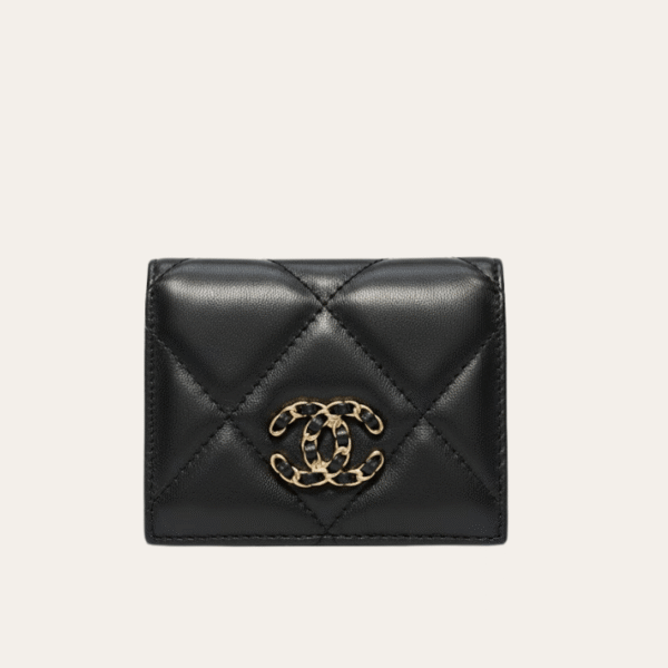 Chanel 19 Tri-Fold Wallet Black Gold/Chain Hardware 4.3 Inches