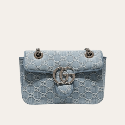 Gucci Gg Marmont Denim Chain Shoulder Bag Blue 8.7 Inches