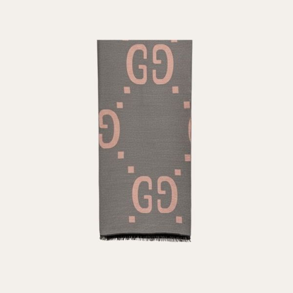 Gucci Monogram Wool Scarf Grey/Pink 70.8 Inches