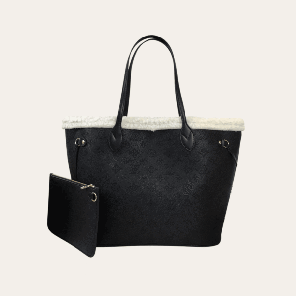 Louis Vuitton Neverfull Monogram Shearling Trim MM Black M56960 12.2 Inches