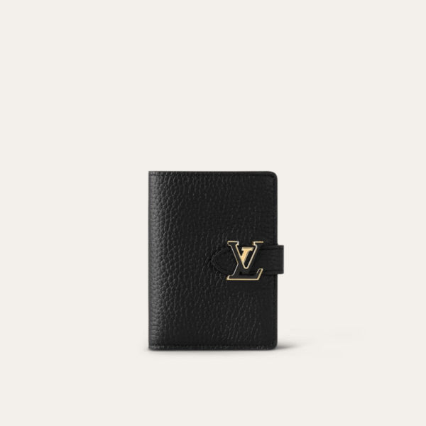 AURLV-WALLET1001-3 Louis Vuitton Vertical Compact Wallet Capucines Taurillon Black / Arizona Beige 3.5 Inches M82198