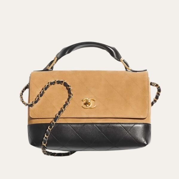 Chanel Large Flap Bag With Top Handle Shiny And Gold Tone Metal Beige Black 11.4 Inches As5637 B20827 U1536
