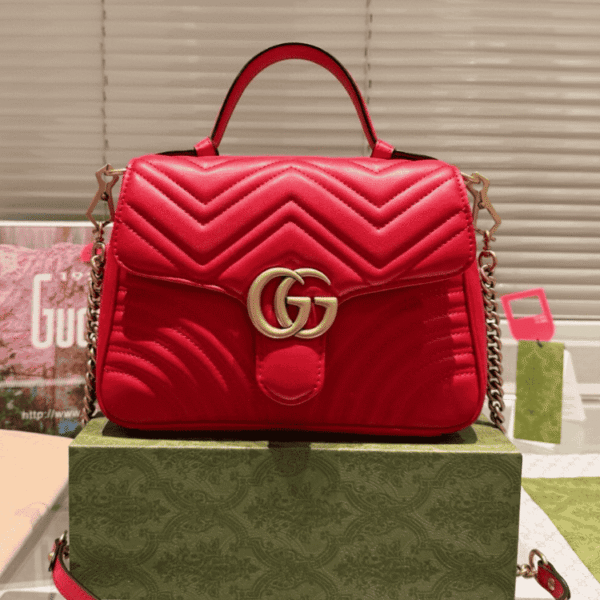 Gucci Gg Marmont Top Handle Chain Shoulder Bag Red 10.6 Inches