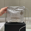 Chanel 22 Sequined Coin Bucket Bag Silver 6.7 Inches