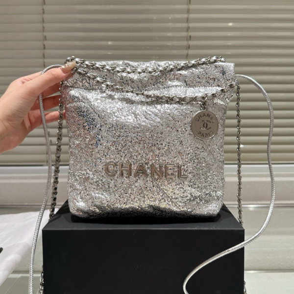 Chanel 22 Sequined Coin Bucket Bag Silver 6.7 Inches