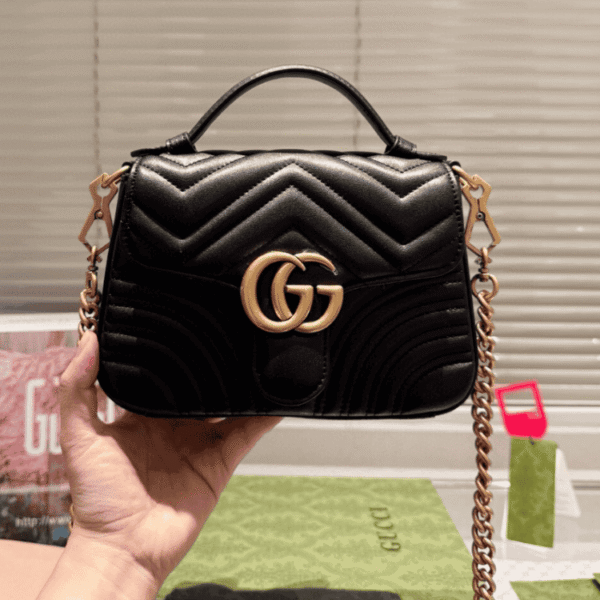 DETAIL-PICTURE-20 Gucci Gg Marmont Top Handle Chain Shoulder Bag Black 8.3 Inches