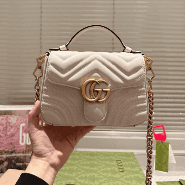 Gucci Gg Marmont Top Handle Chain Shoulder Bag White 8.3 Inches