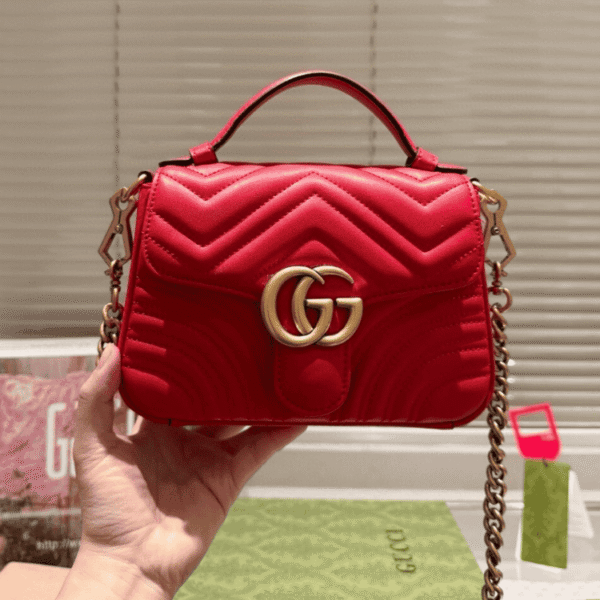 DETAIL-PICTURE-22 Gucci Gg Marmont Top Handle Chain Shoulder Bag Red 8.3 Inches