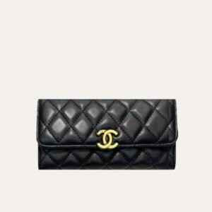 Chanel Cc Logo Long Flap Wallet Gold Black 7.5 Inches