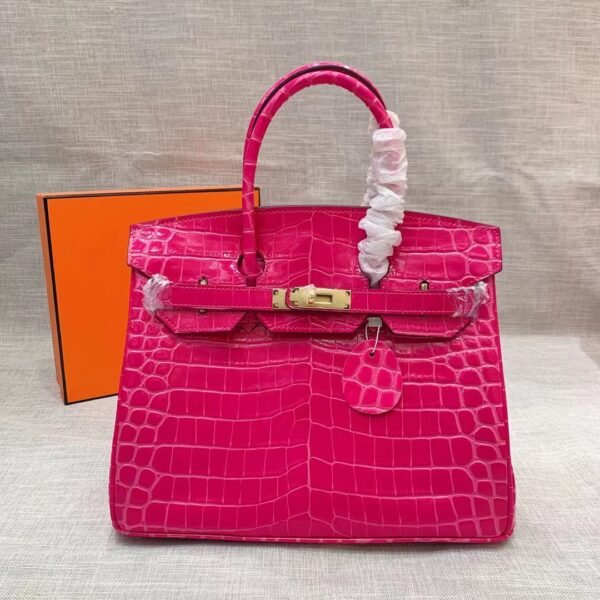 Hermes Birkin 30 Crocodile Gold Toned Hardware Dark Pink 30Cm